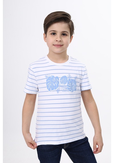 Toontoy Kids Toontoy Erkek Çocuk Baskılı Bisiklet Yaka Kısa Kollu Çizgili Tişört Mavi