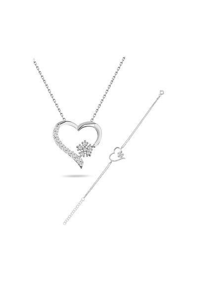 Brezza Lusso Jewelry 925 Ayar Gümüş Zirkon Taşlı Kar Tanesi Kalpli Kadın Kolye Bilekli