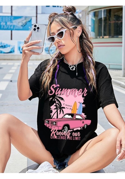 Flood Of Style Kadın Siyah Summer Racing Car Baskılı Oversize T-shirt