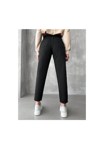 Woddi Likralı Kadın Mom Siyah Fit - Yüksek Belli Rahat Jean Pantolon-4