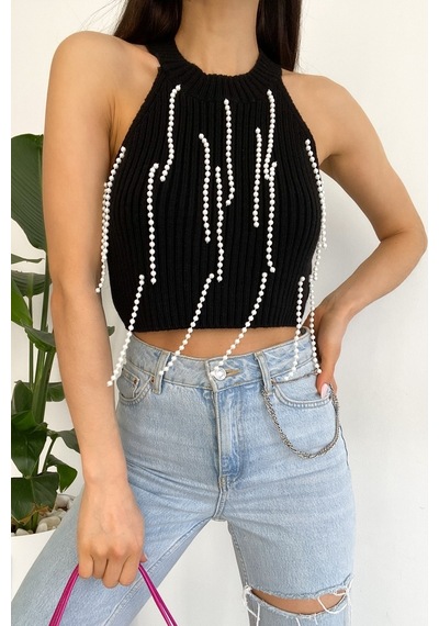 Femelle Kadın Siyah Halter Yaka Boncuklu Triko Crop Bluz