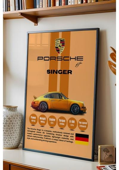 Porsche Singer Premium Klasik Spor Araba Tablosu - Teknik Özellikli Otomobil Duvar Dekoru Siyah