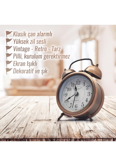 Upway Tokmaklı Çanlı Yüksek Zil Sesli Metal Kasalı Pilli Işıklı Retro Nostaljik Çalar Saat
