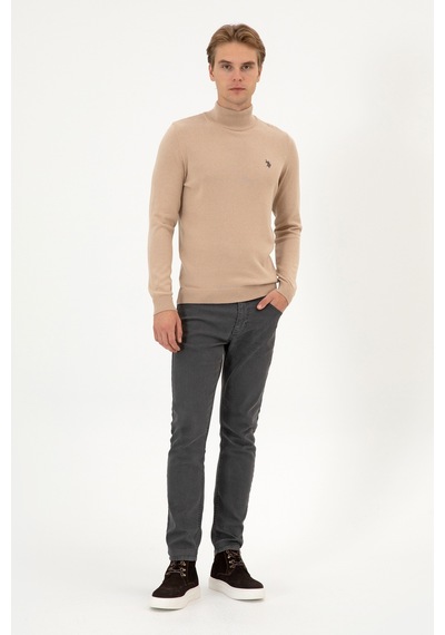 U.S. Polo Assn. Erkek Slim Fit Boğazlı Kum Melanj Basic Kazak 50313712-VR123