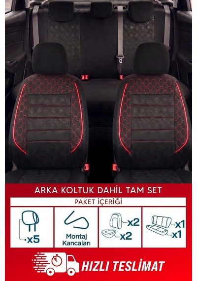 Ayrex Gof Serisi Universal Oto Koltuk Kılıfı Tam Set Siyah Kırmızı Şeritli Diğer