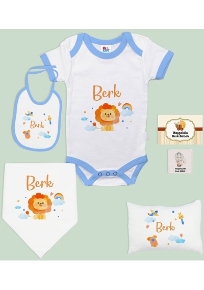 Bk Kids Kişiye Özel İsimli 6 Parça Mavi Bebek Body Zıbın Battaniye Ve Yastık Hediye Seti, Yeni Doğan Bebek Giyim Hediyesi-4