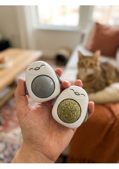 Gri Sevimli Karakter Tasarımlı Kedi Nanesi Topu - Duvara Yapışan Dönen Catnip Oyuncağı