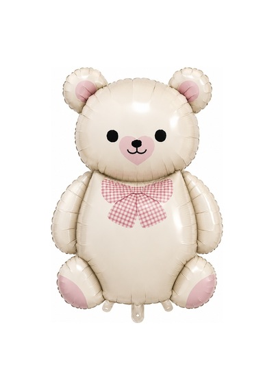 Teddy Ayıcık Balon Pembe Papyonlu Folyo Balon Krem