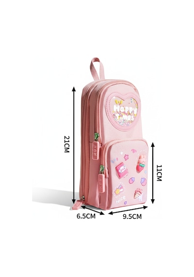 Küçük Kız Çocuk Kalem Ve Okul Çantası - 3 Bölmeli 6 Hücreli Kalemlik Toz Pembe