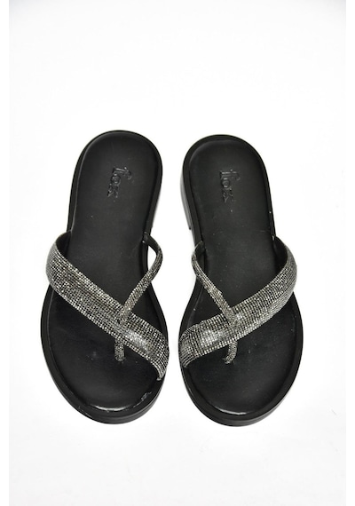 Fox Shoes S250050109 Siyah Taşlı Parmak Arası Kadın Terlik Siyah