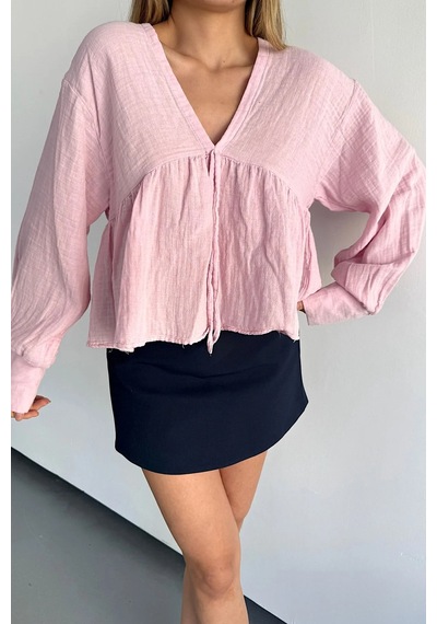 Jee Lee Kadın V Yaka Bağlama Detaylı %100 Pamuklu Bluz Pembe - 26y 1003 Pembe