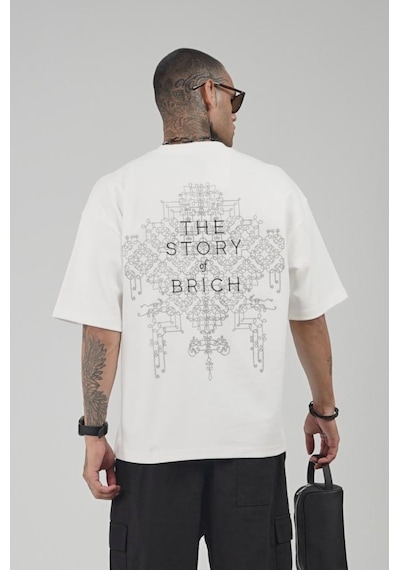 King Brich Oversize Kalıp Etnik Desenli Nakış İşlemeli Tişört Ekru