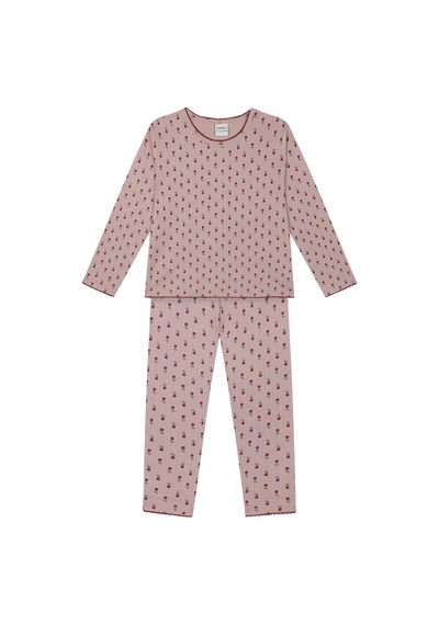 Antebies Organik Gots Sertifikalı Minik Güller Desenli, Uzun Kollu Tişört, Bel Lastikli Taytlı Kız Çocuk Pijama Takımı Pembe