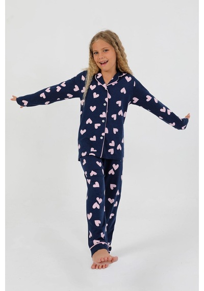 Kız Çocuk Uzun Kollu %100 Pamuklu Düğmeli Pijama Takımı Heartie Indigo