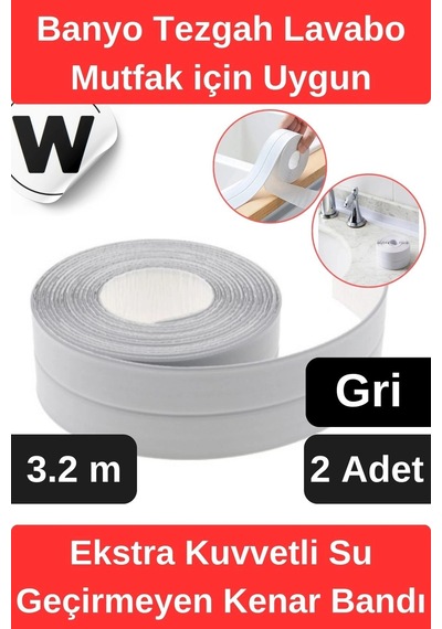 Premium Su Geçirmez Önleyici Yalıtım Küf Banyo Mutfak Lavabo Gri Kenar Şerit Bant 3.2m 2 Adet