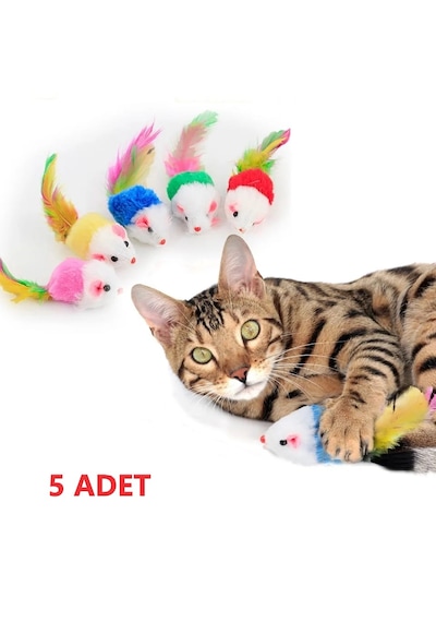 Tineke Renkli Tüylü Gerçekci Fare Kedi Oyuncağı 5 Adet