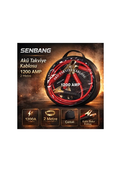 Senbang 1200a Akü Takviye Kablosu 2 Metre Çantalı, Kalın Bakır Kıskaçlı, Araç Marş Kablosu Jumper Cable