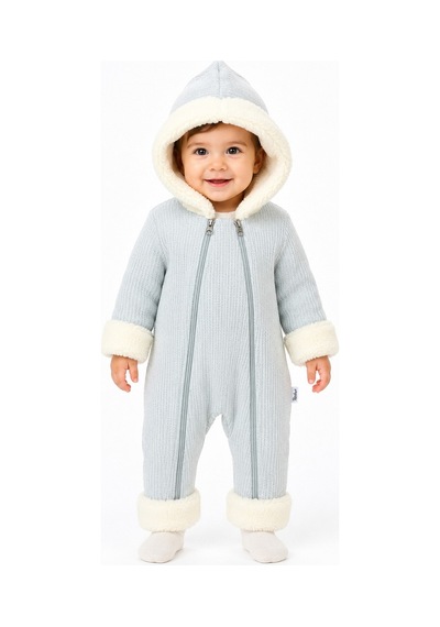 Tatlı Unisex Bebek Triko Tulum Peluş Detaylı Kapüşonlu Çift Fermuarlı Kışlık Bebek Kozmonot Tulumu Gri