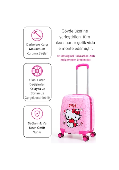 Gedox Kids Hello Kitty Lisanslı Çocuk Valizi Pembe Darbeye Dayanıklı 33l 360 Tekerlekli Hello Pembe Kalp