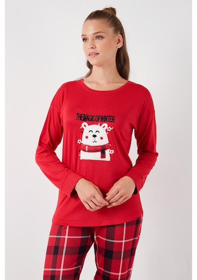 Lela Streç Standart Fit Bisiklet Yaka Desenli Bayan Pijama Takımı 6095700 Kırmızı