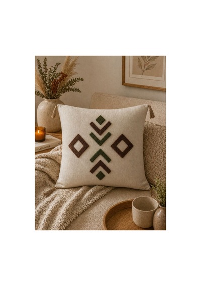 Punch Nakışlı Kırlent Kılıfı 45x45 Cm Kırlangıç Home Çapa Çiçek Desenli Gold-kahve-yeşil