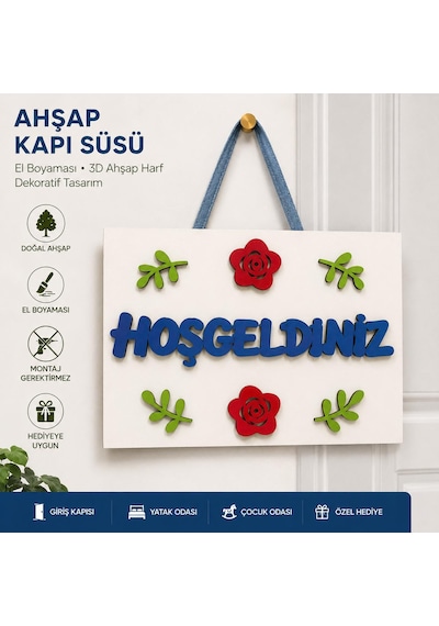 Ahşap Dekoratif Kapı Süsü Hoşgeldiniz Çok Renkli