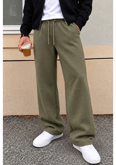Tarz Cool Erkek Oversize Baggy Fit Eşofman Altı %100 Pamuk 3 İplik Şardonlu Bol Paça Rahat Kesim Haki