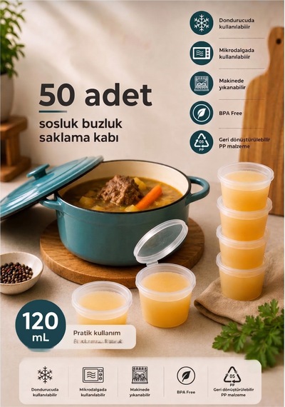 50 Adet 120 Ml Sızdırmaz Sos Kabı Mini Saklama Kabı, Buzluk Kabı, Sosluk, Et & Kemik Suyu Kabı Şeffaf Şeffaf