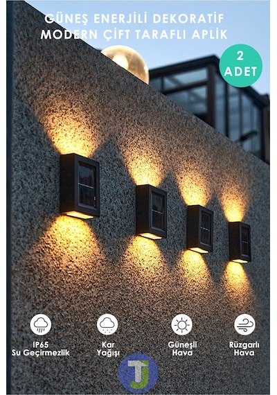 Technojet Çift Taraflı Modern Solar Güneş Enerji Bahçe Aydınlatma Aplik Sarı Işık Led Lamba 2 Adet