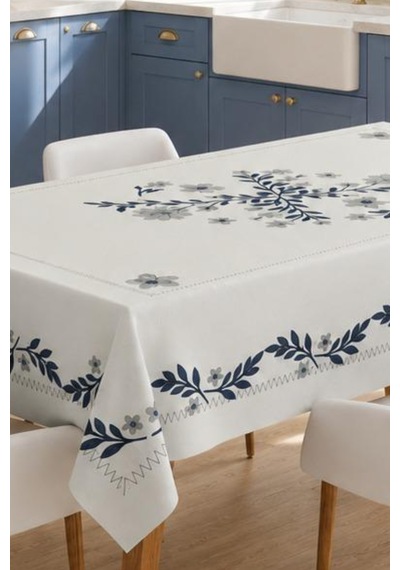 Vivanni Home Yıkanabilir Dikdörtgen Masa Örtüsü Günlük Kullanıma Uygun Pratik Ve Uzun Ömürlü Mavi Yapraklı
