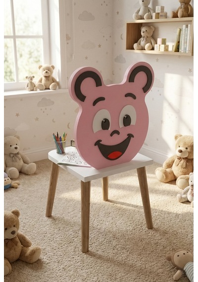 Çocuk Sandalyesi Happy Face Ahşap Ayaklı, Sevimli Figürlü Pembe