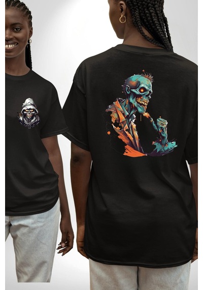 Zombi İskelet Kendine Yumruk Siyah Oversize Unisex Ön Ve Sırt Baskılı Tişört Siyah