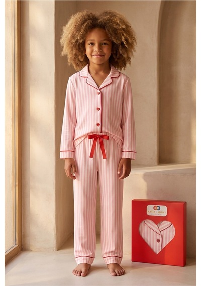Katia&bony Kız Çocuk Kalpli Kutulu Çizgili Pijama Takımı Pembe Pembe