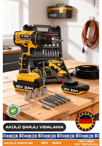 Böhrer Ba011144 Alman Designe Ba011144 Full Set 12v Yeni Nesil Şarjlı Matkap Akülü Vidalama Matkap - Çift Batarya