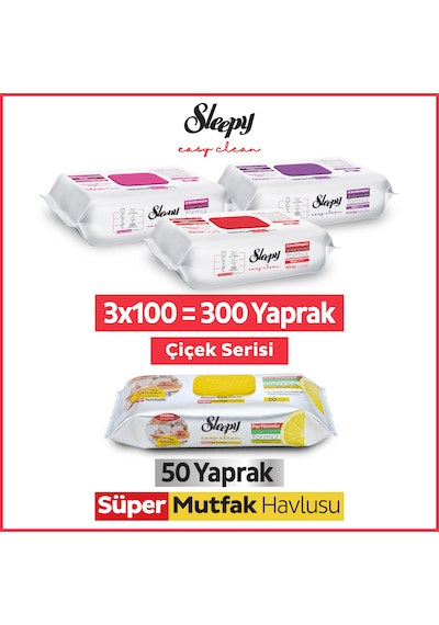 Sleepy Easy Clean Çiçek Serisi&Limon Yağlı Süper Mutfak Yüzey Temizlik Havlusu&Mendili(3x100+50)