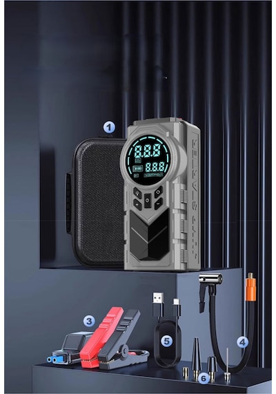 Şarjlı 12.000 Mah Taşınabilir Çantalı Araç Akü Şarj Takviyeli Işıklı Hava Kompresörü Powerbankli