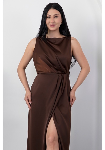 Kalopya Kare Yaka Beli Büzgülü Yırtmaçlı Elbise Yzc25y223 A.kahve