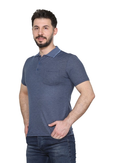 Kzctekstil Erkek Baba Ve Orta Yaş Penye Tişört Yakalı Cepli Jakarlı Desenli Kumaş Klasik Kesim Mavi