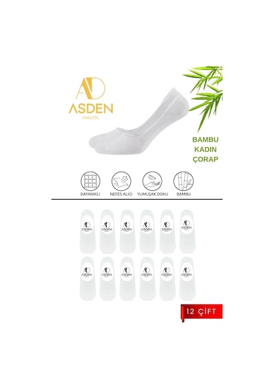 Asden Bambu Kadın Babet Çorap 4 Beyaz 4 Siyah 4 Lacivert 12'li Paket, Dikişsiz, Kaydırmaz Silikon Topuk 12 Çift Beyaz