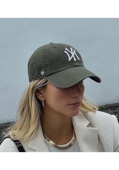 Unisex Haki Renk Beyaz Logo Beyzbol Ny New York Şapka - Unisex Haki