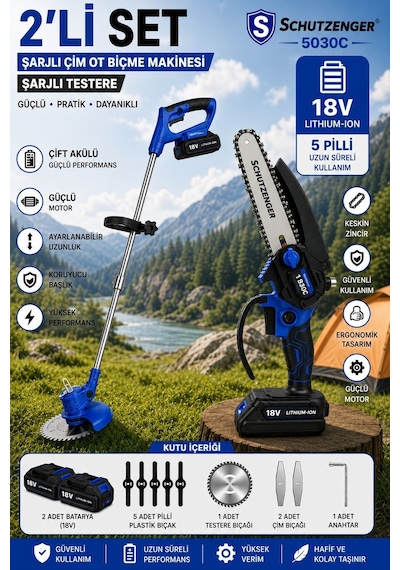 Schutzenger 5030C Şarjlı Ot Çim Biçme Tırpanı Ve Şarjlı Dal Budama Kesme Zinçirli Testere 15cm Pala Çift Akülü Mavi