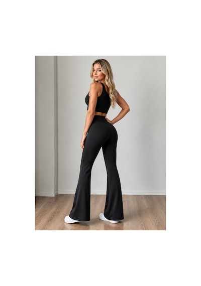 Unika Boutique Kadın Siyah Yüksek Bel Toparlayıcı İspanyol Paça Tayt Spor Tayt Pantolon