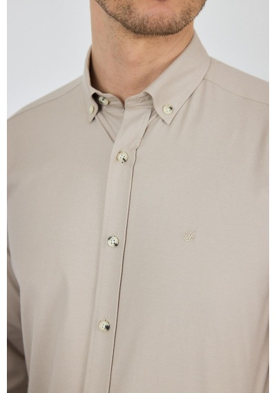 İmza Uzun Kol Düz Bez Ayağı Düğmeli Yaka Cepsiz Pamuklu Casual Slim Fit Gömlek 1004250212 Bej