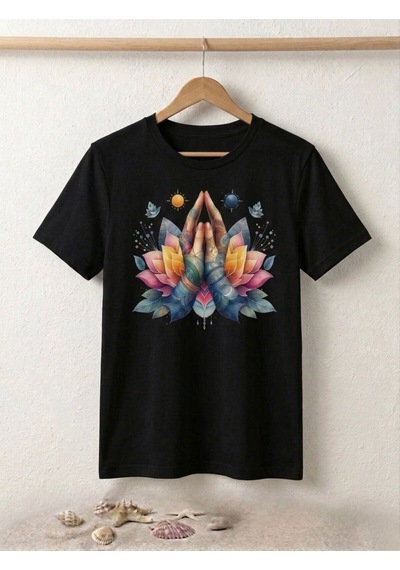 Lotus Ve Dua Eden El Baskılı Kompak T-shirt Siyah