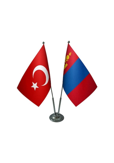 Masa Üstü Moğolistan Bayrağı Türk Bayrağı İkili Krom Direk Masa B