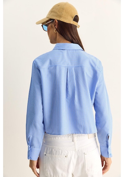 Shade Kadın Dantel Detaylı Çizgili Poplin Crop Gömlek Dg261023 60286099 - Mavi