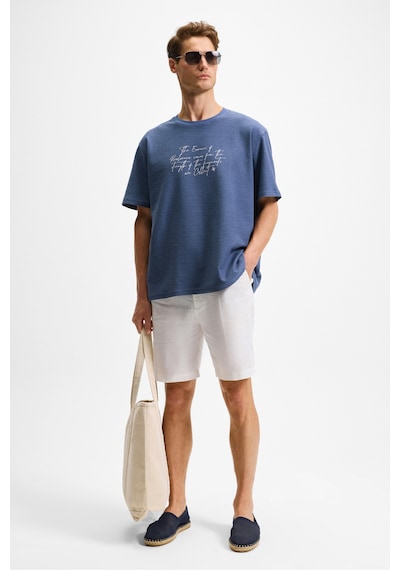 Grımelange BONDIA Erkek Baskı Detaylı %100 Organik Pamuk Oversize Fit Bisiklet Yakalı Kısa Kollu İndigo T-Shirt