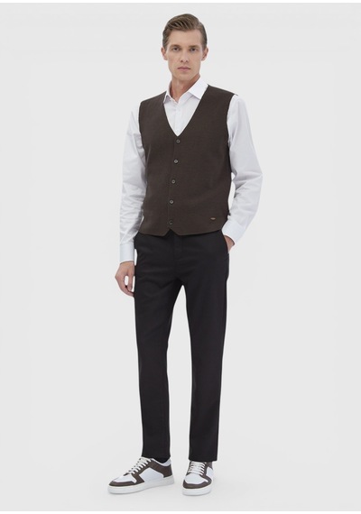 Ramsey Kahverengi Regular Fit V Yaka Casual Örme Triko Yelek