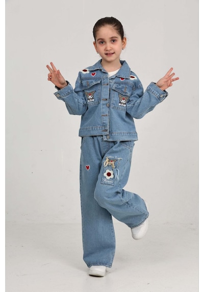 Moonch Kuromi Nakışlı İşlemeli Kız Çocuk Kot Takım-2'li Denim Set Mavi