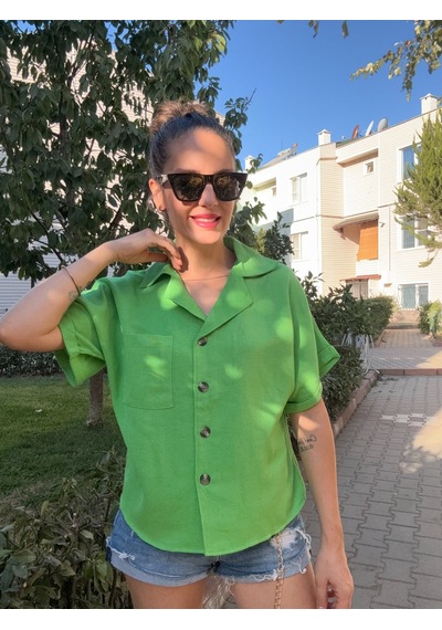 Ali Butik Yeşil Yarasa Kol Keten Gömlek